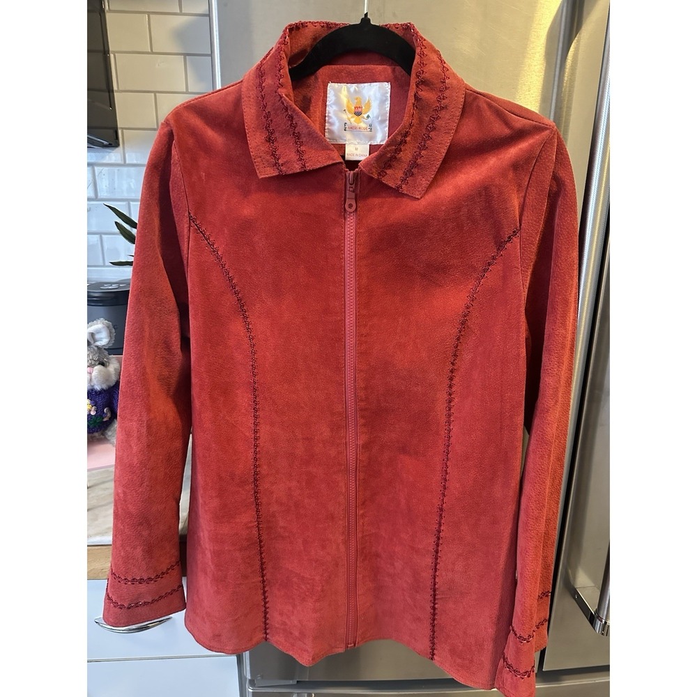 Red Suede Whipstitch Jacket By Ameri Mode, Cowboy Western Classic Pointed Collar